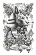 Great pyramids, sphinx, Bastet (cat goddess), Anubis, key of life forearm sleeve tattoo design idea