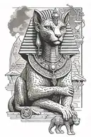 Great pyramids, sphinx, Bastet (cat goddess), Anubis, key of life forearm sleeve tattoo design idea
