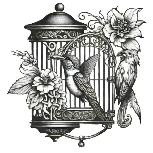 vintage birdcage with humming bird in it with door open tattoo design idea