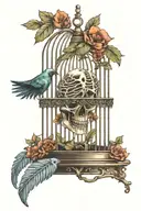 bird skeleton in a birdcage with an open door tattoo design idea