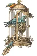 bird skeleton in a birdcage with an open door tattoo design idea