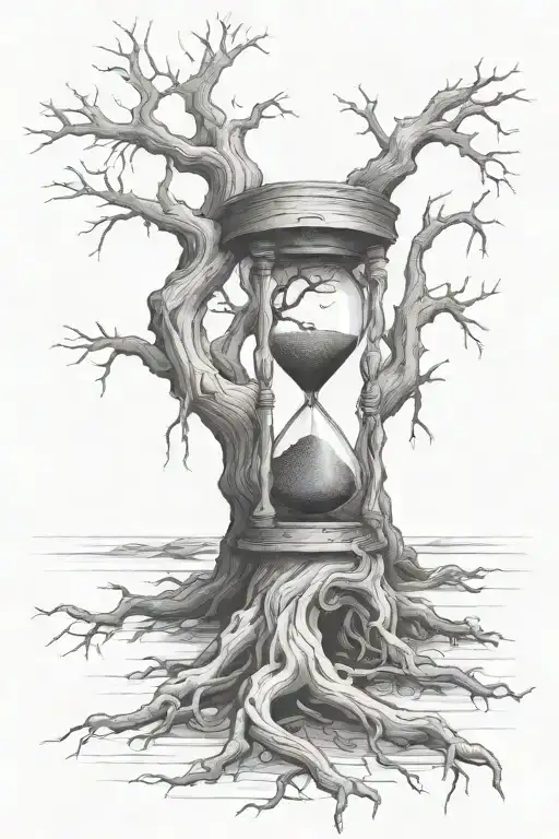 dead oak tree with broken hourglass with roots growning through in the cleltic style tattoo design idea
