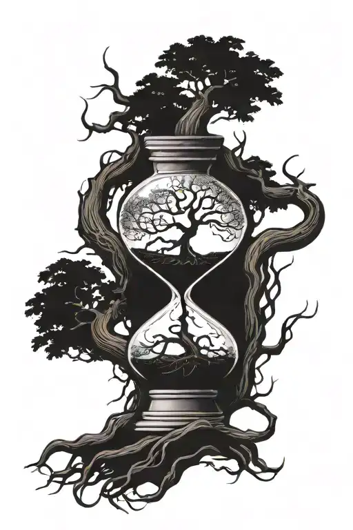 hour glass with tree roots growing inside tattoo design idea