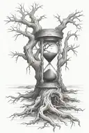 dead oak tree with broken hourglass with roots growning through in the cleltic style tattoo design idea