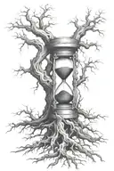 dead oak tree with broken hourglass with roots growning through in the cleltic style tattoo design idea