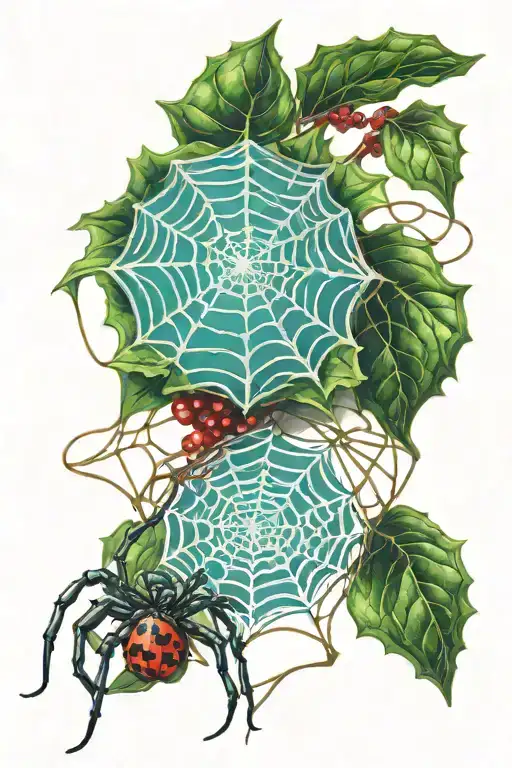 holly plant with spider weaving a web tattoo design idea