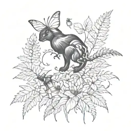 fern, black cat, bee collecting nectar tattoo design idea