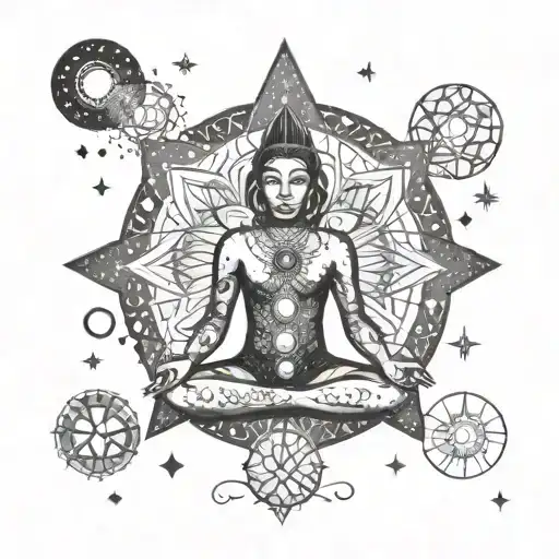 A tattoo design of a person meditating under the stars, with chakra symbols floating around them and a third eye symbol on their forehead tattoo design idea