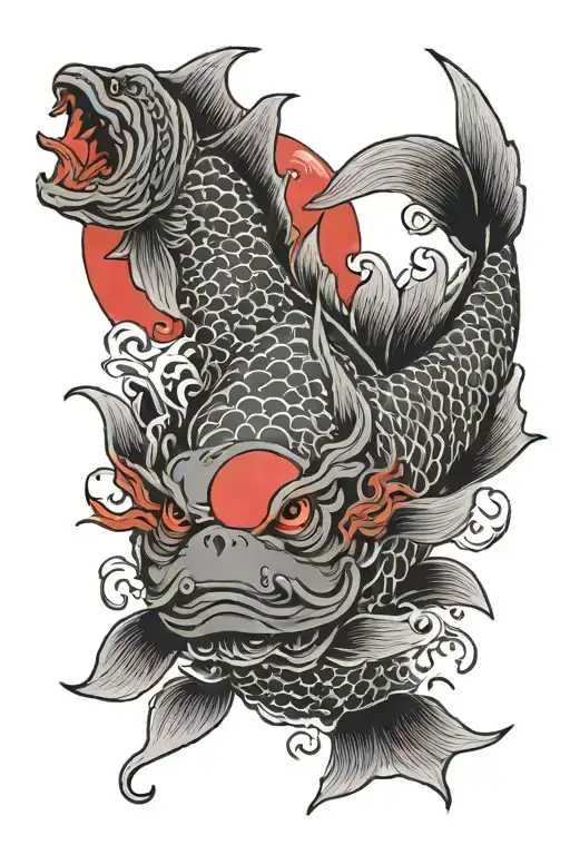 Japanese fish with red moon and demon half angel tattoo design idea