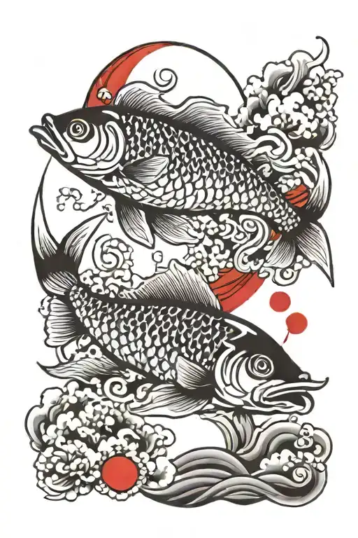 Japanese fish and red moon merging together tattoo design idea