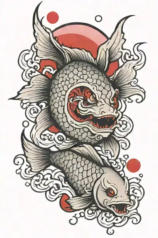 Japanese fish with red moon and demon half angel tattoo design idea