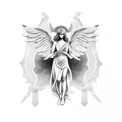 Angels with a greek god and a train sleeve tattoo design idea