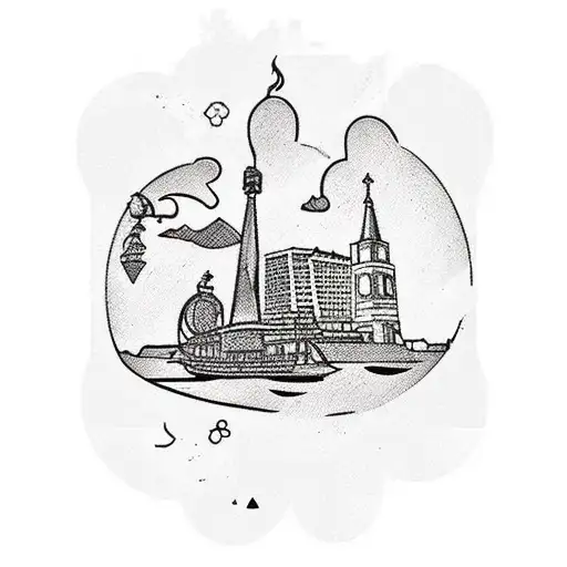 A traditional-style tattoo of a travel-inspired collage, featuring cooking utensils, a dog, and iconic New Orleans landmarks tattoo design idea