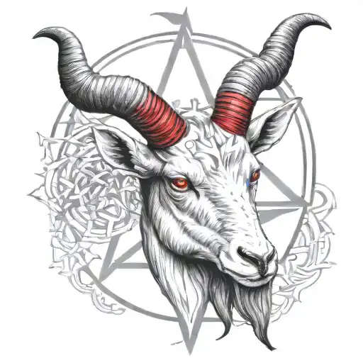 satanic goat head with red eyes in a pentagram , horns going downward  tattoo design idea