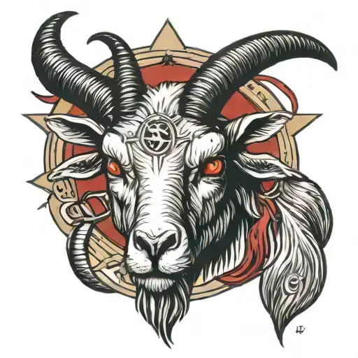 realistic satanic goat head with red eyes, inside of a pentagram, horns going downwards  tattoo design idea