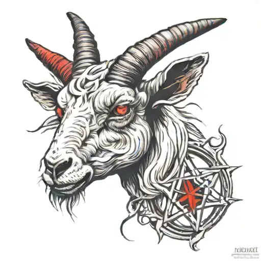 satanic goat head with red eyes in a pentagram  tattoo design idea