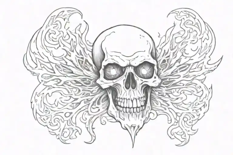 flaming vampire skull without the buttom jaw with guns at the side's  tattoo design idea