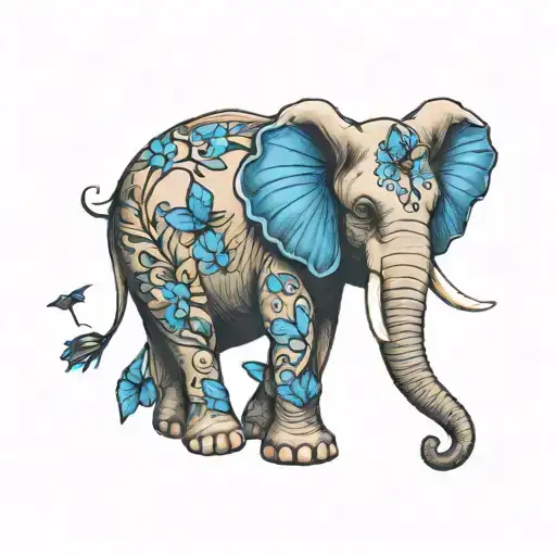 elephant with blue butterfly tattoo design idea