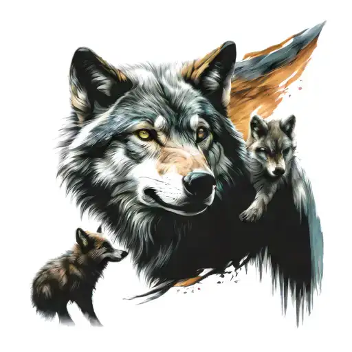 dad wolf with 3 cubs tattoo design idea