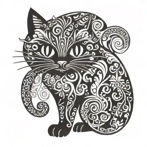 A stylized silhouette of a cat with intricate patterns inspired by traditional Turkish art tattoo design idea