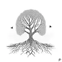 Tree with DNA roots, with birds, few leaves tattoo design idea