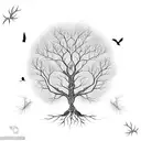 Tree with DNA roots, with birds, few leaves tattoo design idea