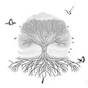 Tree with DNA roots, with birds, few leaves tattoo design idea