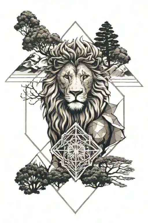 Goddess of Cybele, mountain, pine tree, lion head tattoo design idea