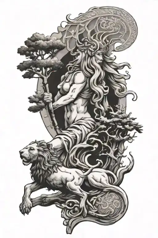 Goddess of Cybele, mountain, pine tree, lion, magna mater script, symbol of life tattoo design idea