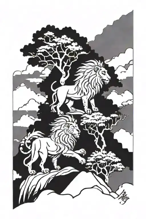Goddess mytholoji , mountain, pine tree, lion tattoo design idea