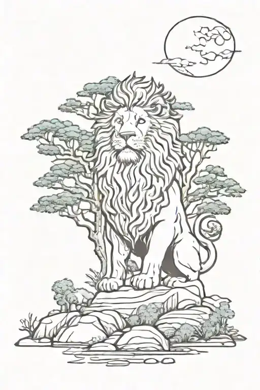 Goddess , mountain, pine tree, lion tattoo design idea