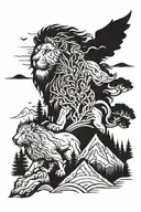 Goddess mytholoji , mountain, pine tree, lion tattoo design idea