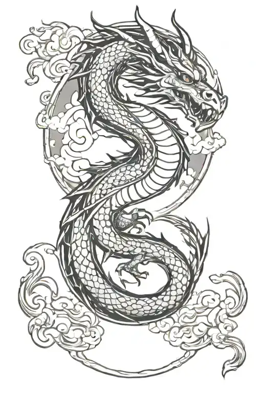 dragon with night sky and smoke inside traditional oval frame tattoo design idea