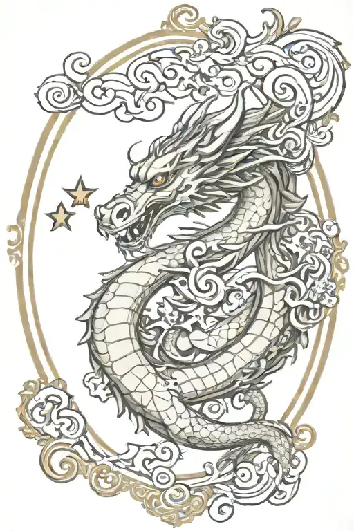dragon with stars  and smoke inside traditional oval frame tattoo design idea