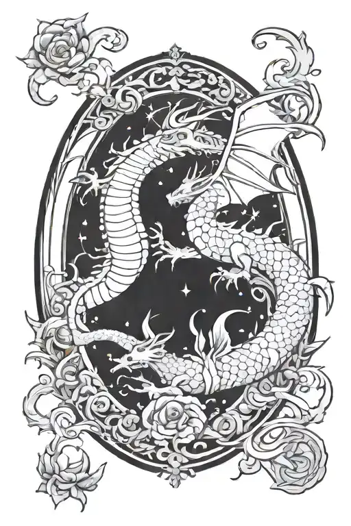 dragon with night sky and smoke inside traditional oval frame tattoo design idea