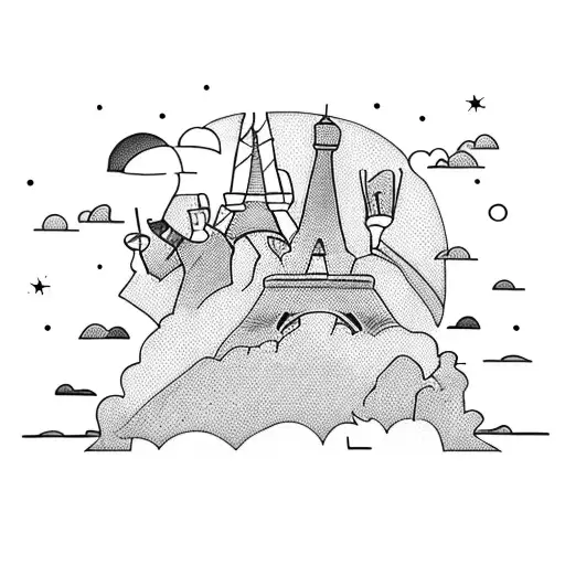 A group of friends enjoying a picnic with a bottle of wine. They are at the foot of the Eiffel Tower (minimalist) tattoo design idea