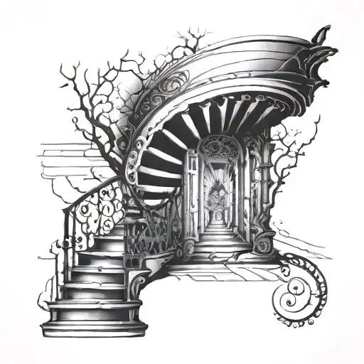 blackout sleeve with a spiral staircase leading up the arm tattoo design idea