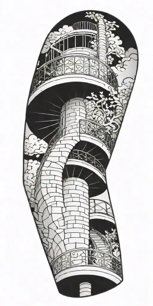 blackout sleeve with a spiral staircase leading up the arm tattoo design idea