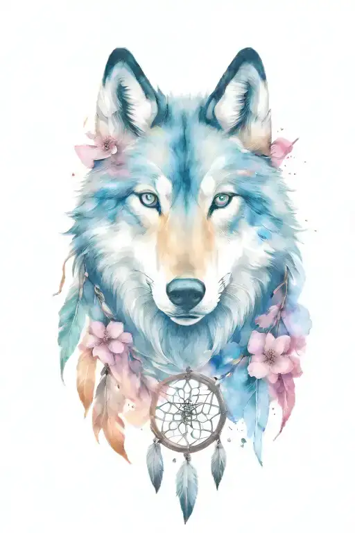 wolf and horses with gem shapes with dream catcher and cherry blossom  tattoo design idea