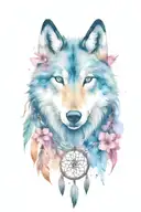 wolf and horses with gem shapes with dream catcher and cherry blossom  tattoo design idea