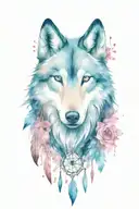 wolf and horses with gem shapes with dream catcher and cherry blossom  tattoo design idea