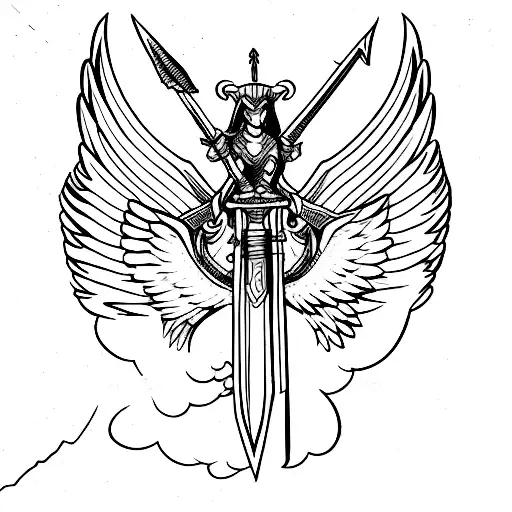 valkyrie sword with wings line art tattoo design idea