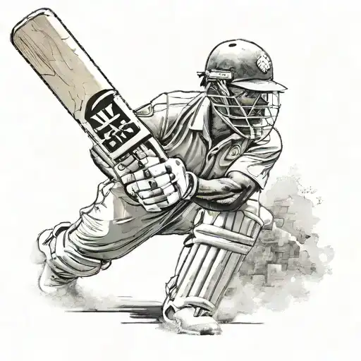 A realistic portrait of MS Dhoni playing cricket, with intricate details of the cricket bat and ball tattoo design idea