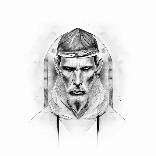A black and grey portrait of Costas in a contemplative pose tattoo design idea