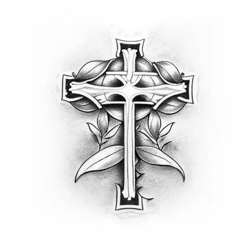 Medieval cross with creeping plant and 33 leaves tattoo design idea