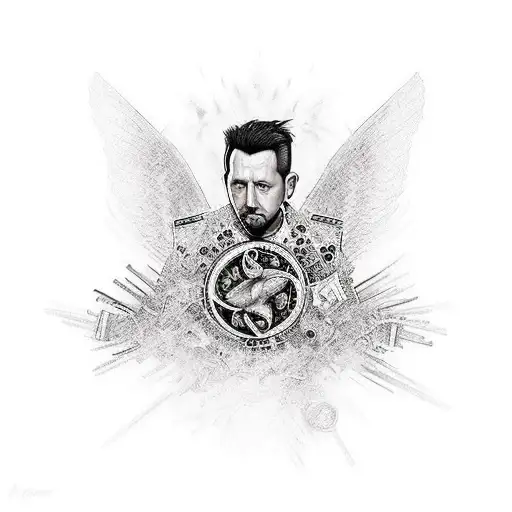 Create a realistic portrait of a Volbeat member in the style of trash polka tattoo design idea