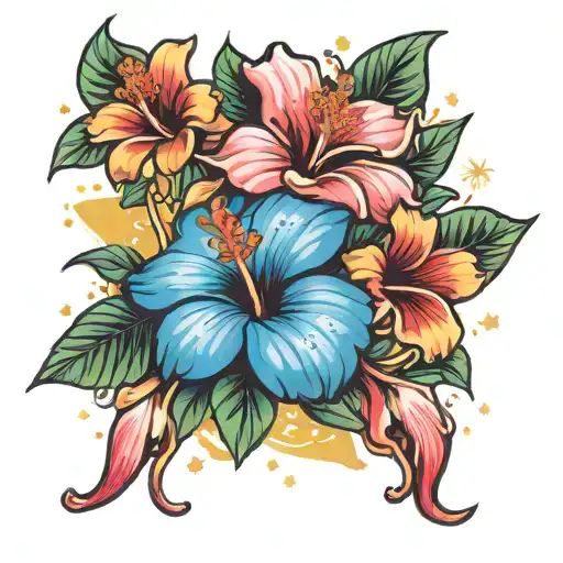harmony hibiscus, prayer hands, stars tattoo design idea