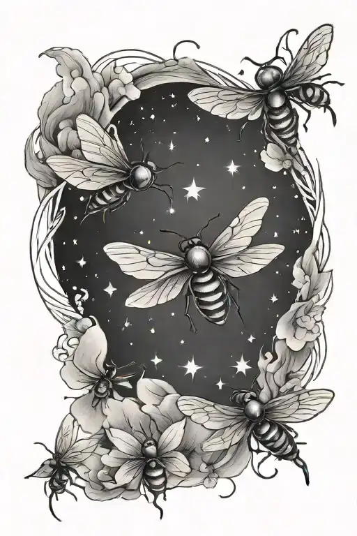 stars moon night sky fireflies tattoo design idea