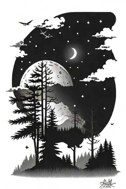 stars moon night sky fireflies woodland pine trees  tattoo design idea