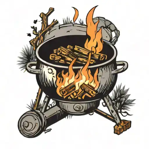 A campfire scene with a cooking pot hanging over it, incorporating elements of Eastern European folk art tattoo design idea
